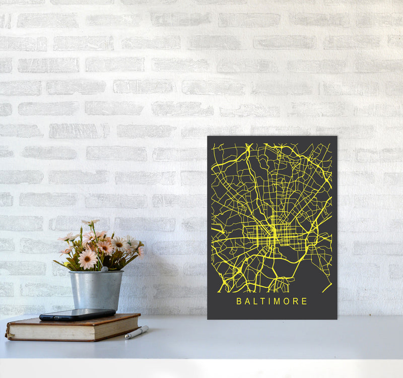 Baltimore Map Neon Art Print by Pixy Paper A3 Black Frame