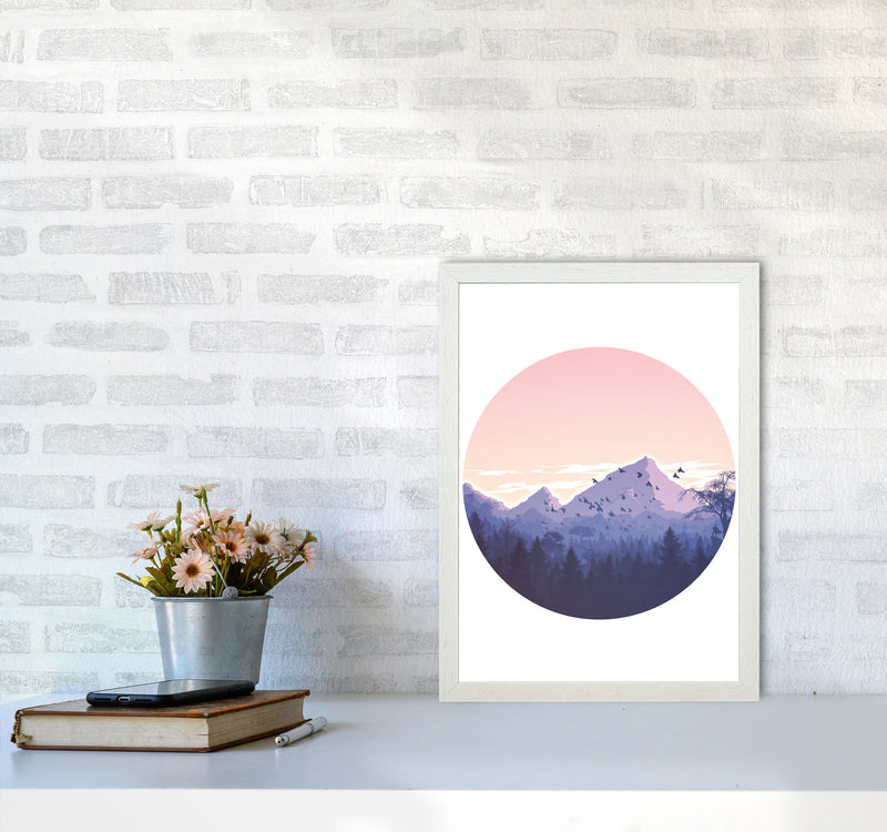 Pink Mountains Circle Abstract Modern Print A3 Oak Frame