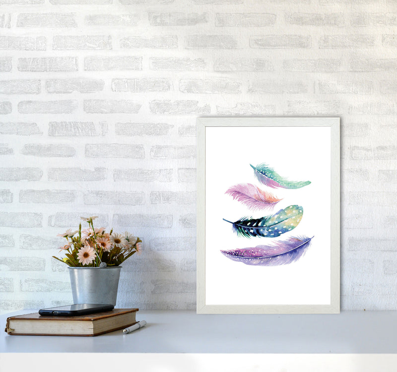 Turquoise And Purple Bird Feathers Abstract Modern Print A3 Oak Frame