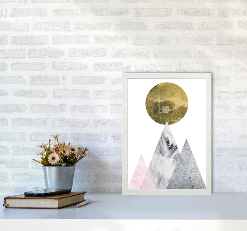 Pink And Grey Mountains Abstract Modern Print A3 Oak Frame