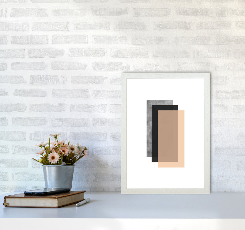Peach And Black Abstract Rectangles Modern Print A3 Oak Frame