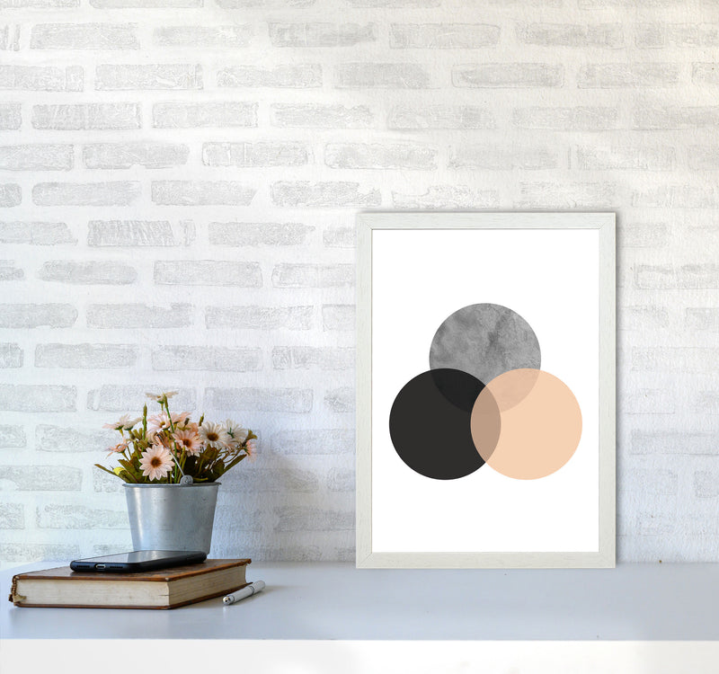 Peach And Black Abstract Circles Modern Print A3 Oak Frame