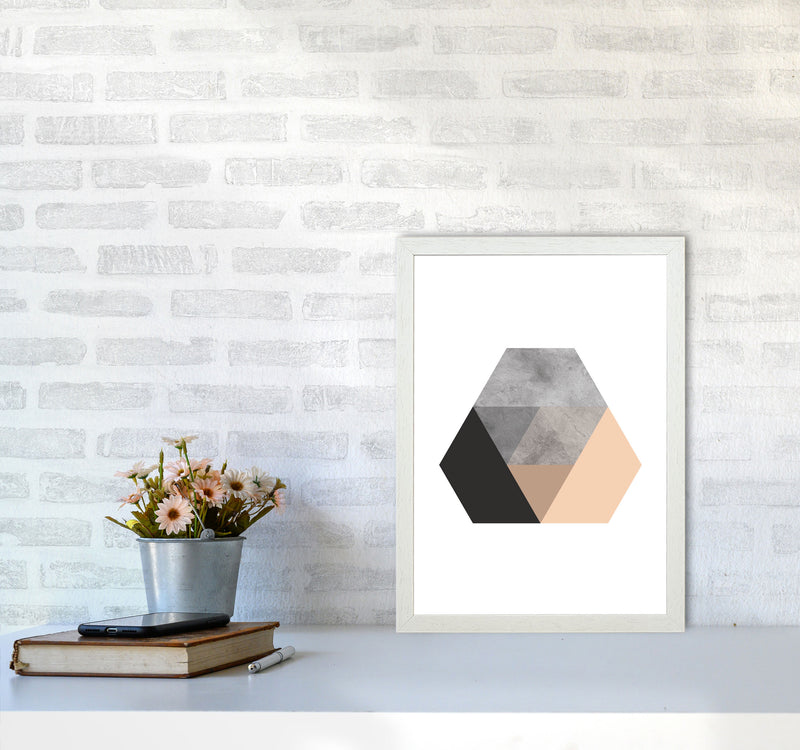 Peach And Black Abstract Hexagon Modern Print A3 Oak Frame