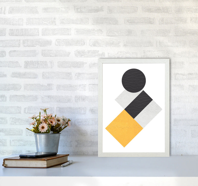 Yellow And Black Abstract Circles And Squares Modern Print A3 Oak Frame
