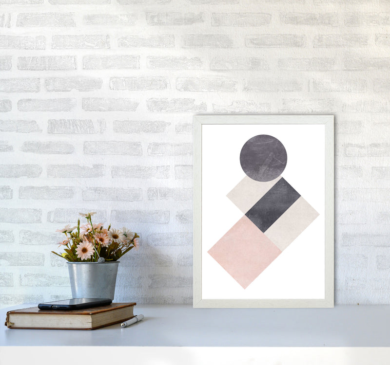 Cotton, Pink And Grey Abstract Squares And Circle Modern Print A3 Oak Frame
