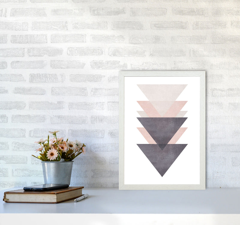 Cotton, Pink And Grey Abstract Triangles Modern Print A3 Oak Frame