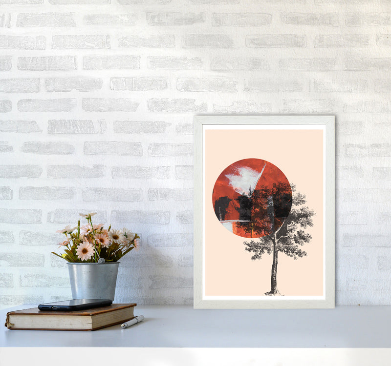 Red Sun And Tree Abstract Modern Print A3 Oak Frame
