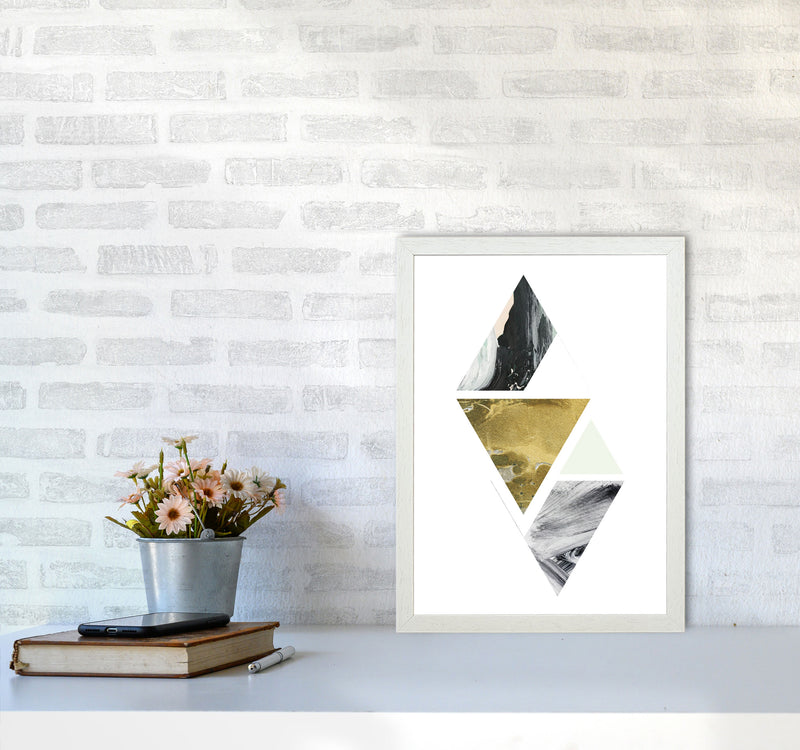 Textured Peach, Green And Grey Abstract Triangles Modern Print A3 Oak Frame
