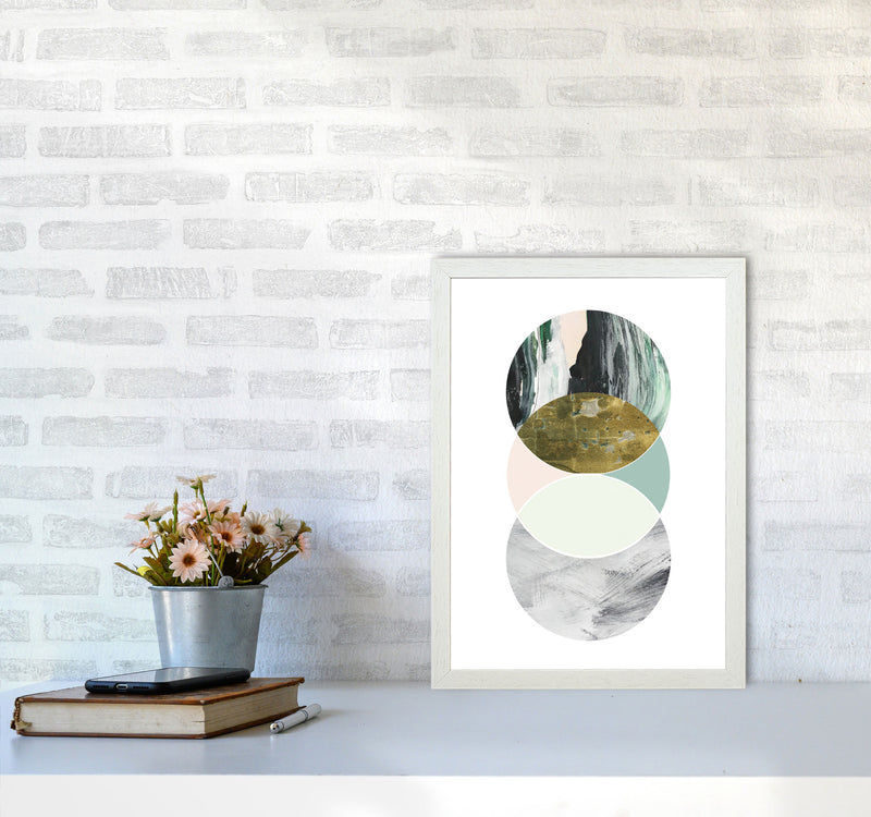 Textured Peach, Green And Grey Abstract Circles Modern Print A3 Oak Frame