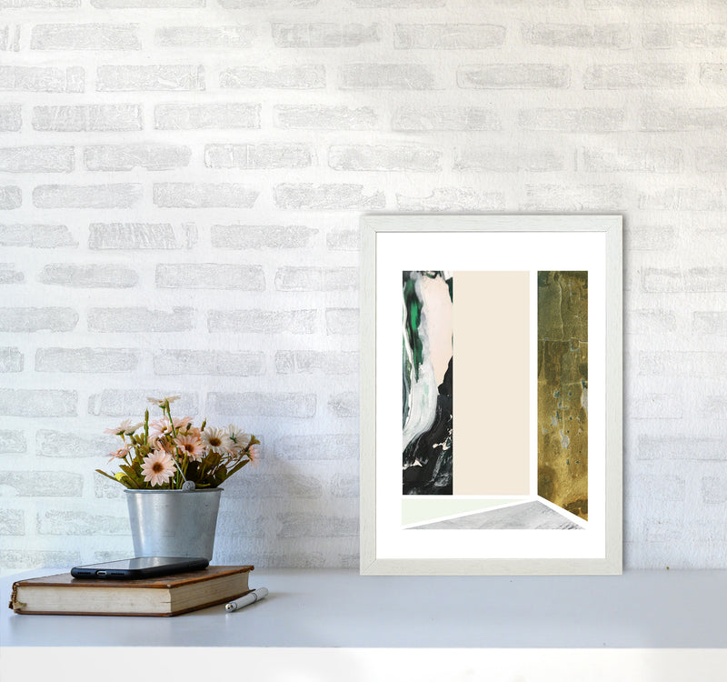Textured Peach, Green And Grey Abstract Rectangle Shapes Modern Print A3 Oak Frame