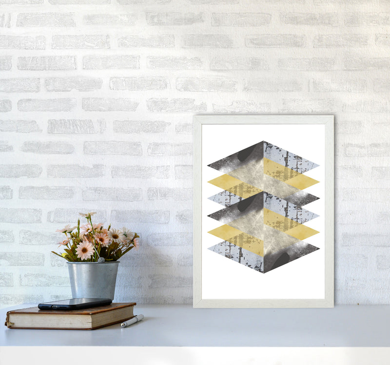 Scuff, Yellow And Grey Abstract Triangles Modern Print A3 Oak Frame