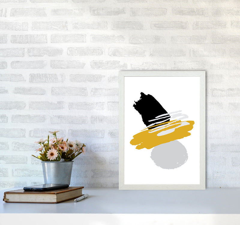 Mustard And Black Abstract Paint Shapes Modern Print A3 Oak Frame