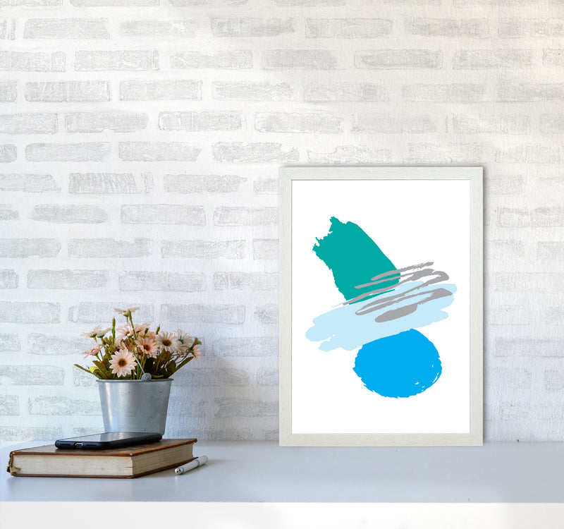 Blue And Teal Abstract Paint Shapes Modern Print A3 Oak Frame