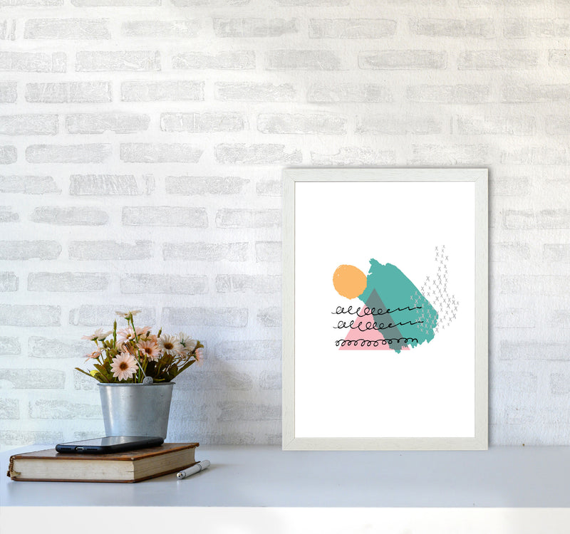 Pink And Teal Mountain Sun Abstract Modern Print A3 Oak Frame