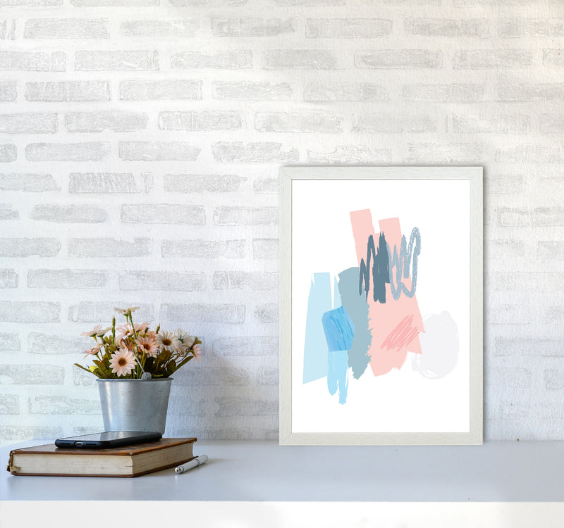 Blue And Pink Abstract Scribbles Modern Print A3 Oak Frame