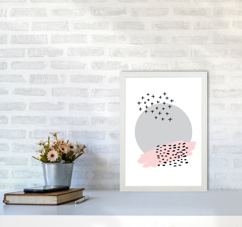 Abstract Grey Circle With Pink And Black Dashes Modern Print A3 Oak Frame