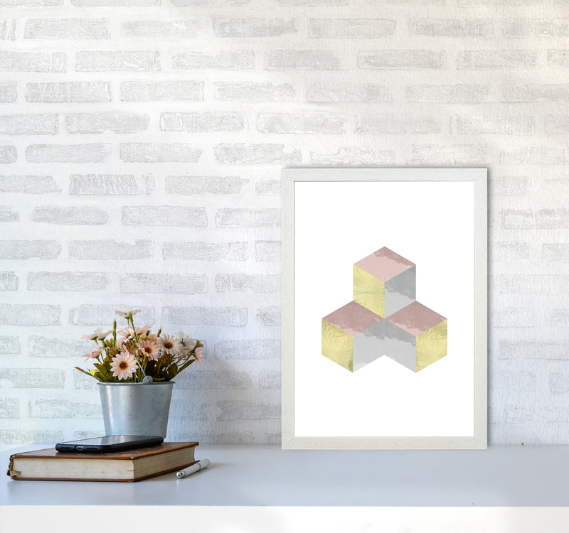 Gold, Pink And Grey Abstract Cubes Modern Print A3 Oak Frame