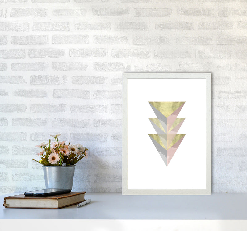 Gold, Pink And Grey Abstract Triangles Modern Print A3 Oak Frame