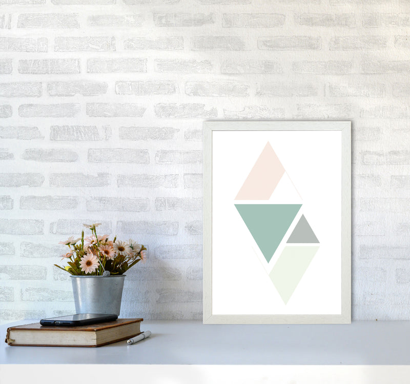 Peach, Green And Grey Abstract Triangles Modern Print A3 Oak Frame