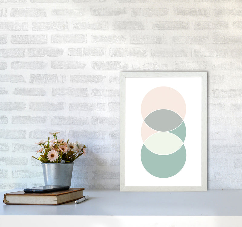 Peach, Green And Grey Abstract Circles Modern Print A3 Oak Frame