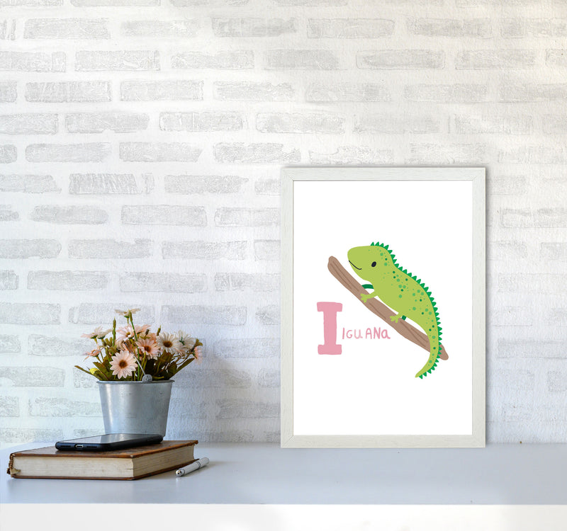 Alphabet Animals, I Is For Iguana Framed Nursey Wall Art Print A3 Oak Frame