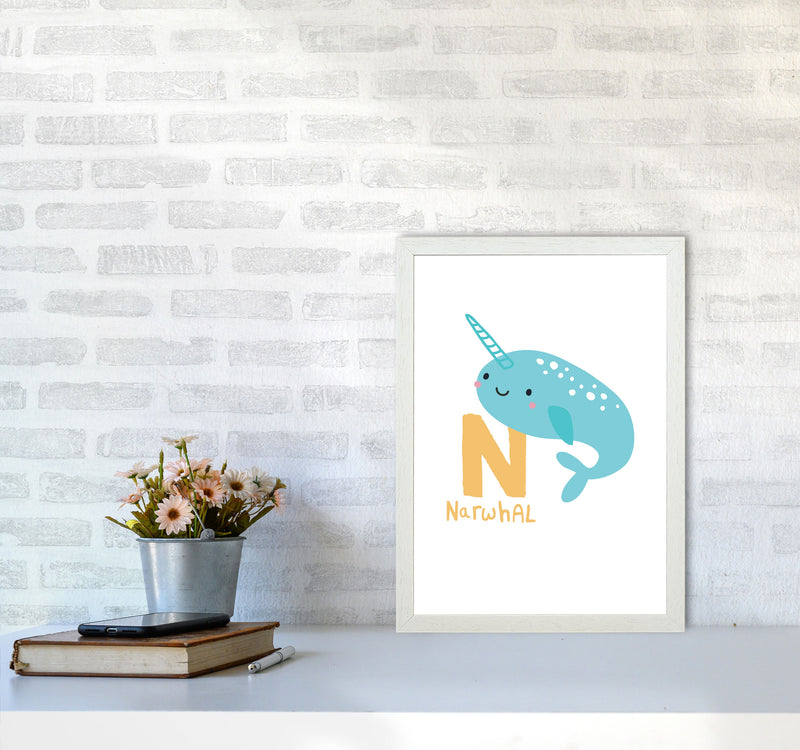 Alphabet Animals, N Is For Narwhal Framed Nursey Wall Art Print A3 Oak Frame
