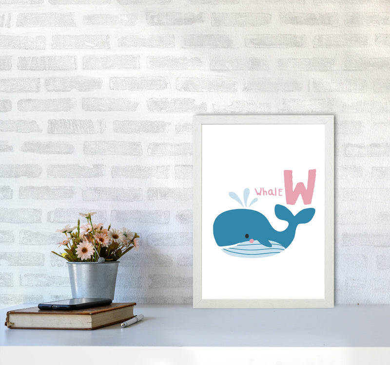 Alphabet Animals, W Is For Whale Framed Nursey Wall Art Print A3 Oak Frame