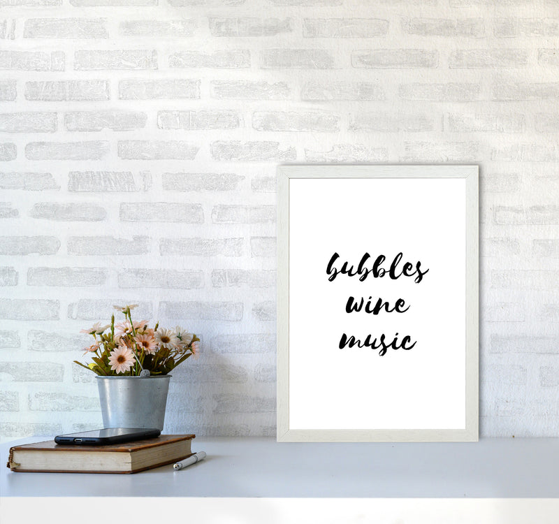 Bubbles Wine Music, Bathroom Framed Typography Wall Art Print A3 Oak Frame