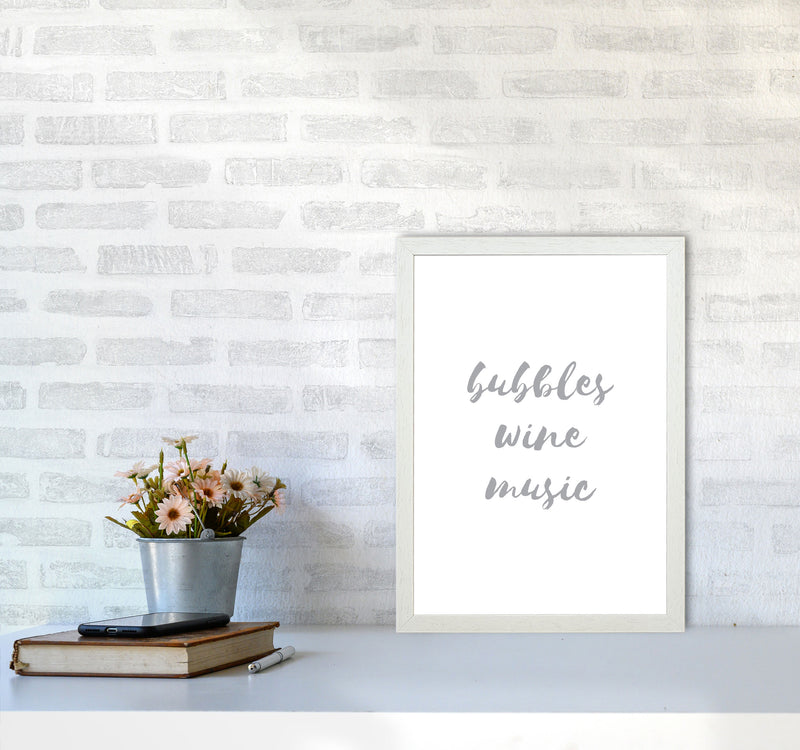 Bubbles Wine Music Grey, Bathroom Framed Typography Wall Art Print A3 Oak Frame