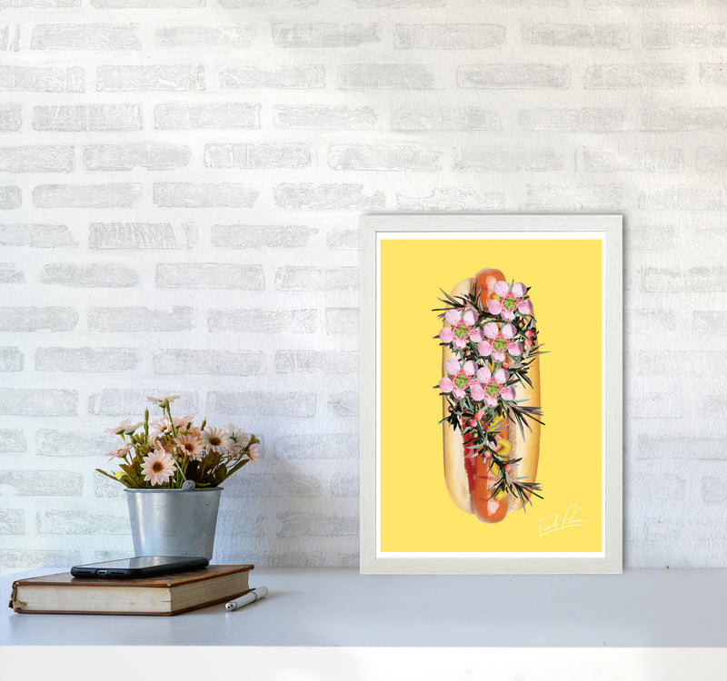 Yellow Hot Dog Food Print, Framed Kitchen Wall Art A3 Oak Frame