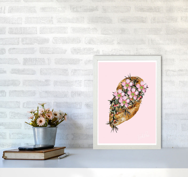 Pink Chicken Floral Food Print, Framed Kitchen Wall Art A3 Oak Frame