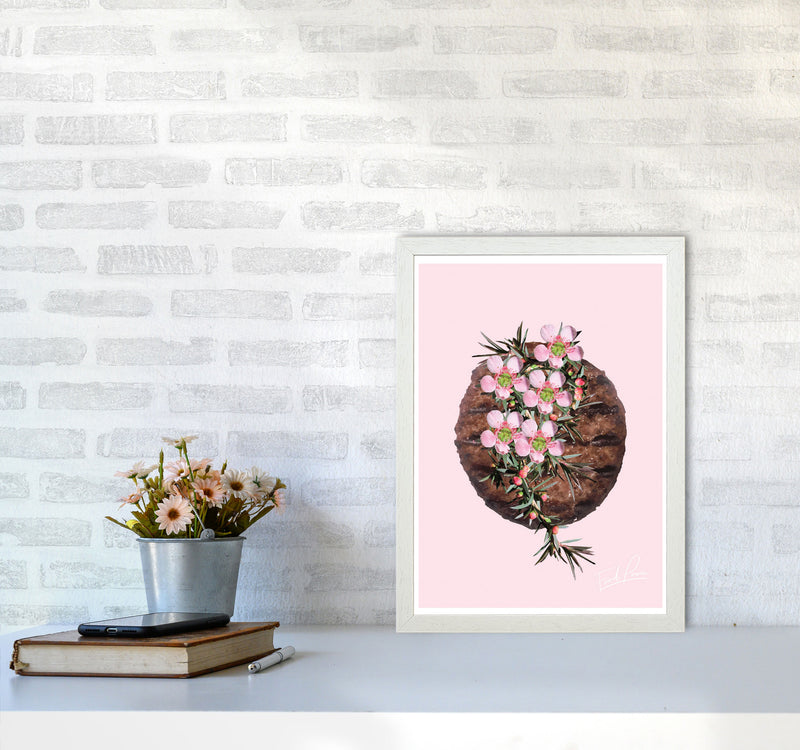 Pink Burger Floral Food Print, Framed Kitchen Wall Art A3 Oak Frame