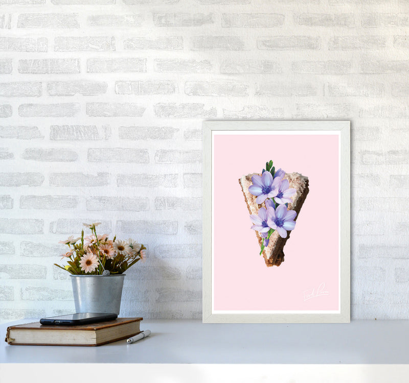 Pink Coffee Cake Floral Food Print, Framed Kitchen Wall Art A3 Oak Frame