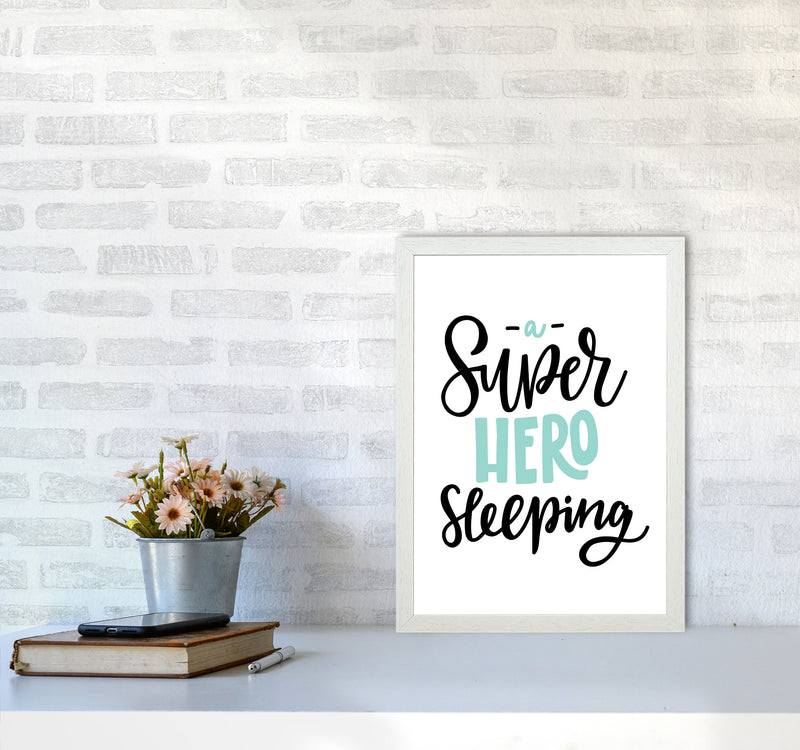 Superhero Sleeping Mint And Black Framed Nursey Wall Art Print A3 Oak Frame