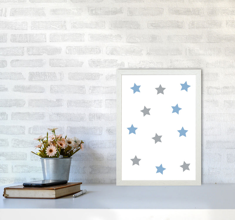 Blue And Grey Stars Framed Nursey Wall Art Print A3 Oak Frame