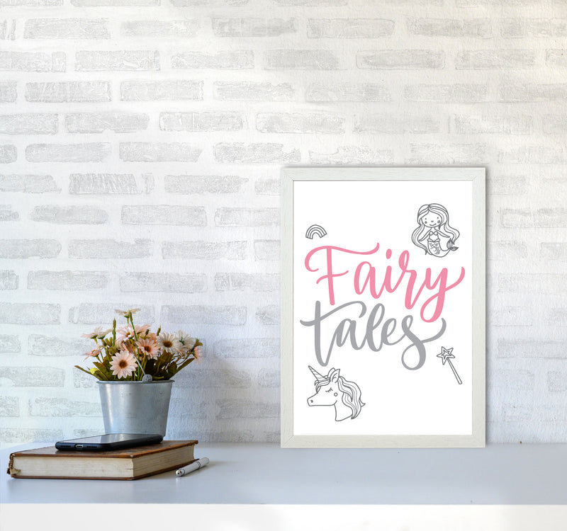 Fairy Tales Pink And Grey Framed Nursey Wall Art Print A3 Oak Frame