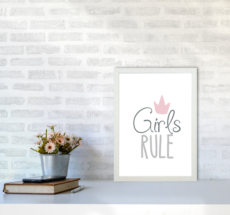 Girls Rule Framed Nursey Wall Art Print A3 Oak Frame