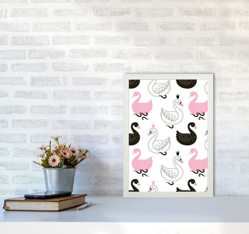Pink Black And White Swan Pattern Modern Print Animal Art Print A3 Oak Frame