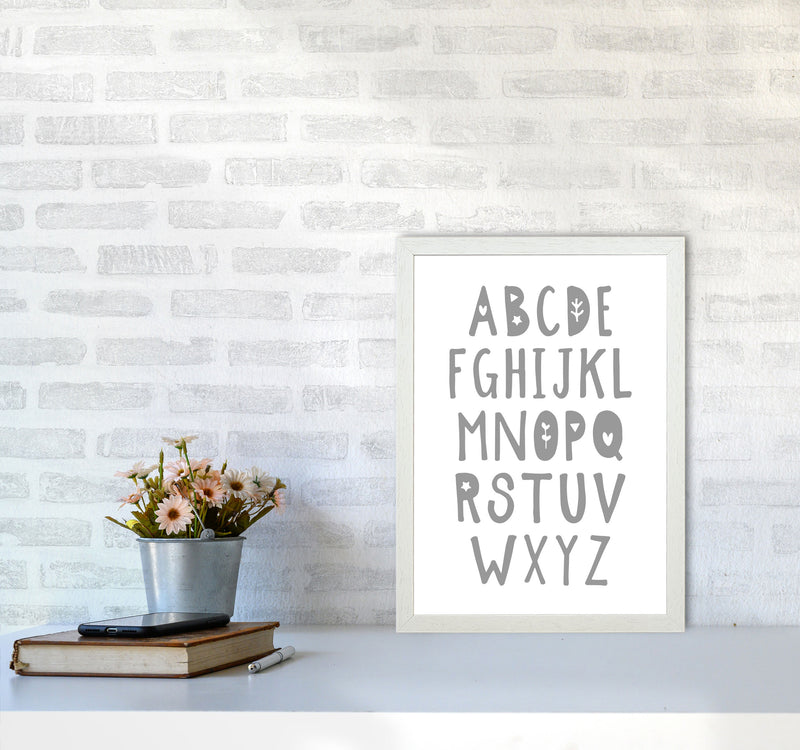 Grey Alphabet Framed Nursey Wall Art Print A3 Oak Frame