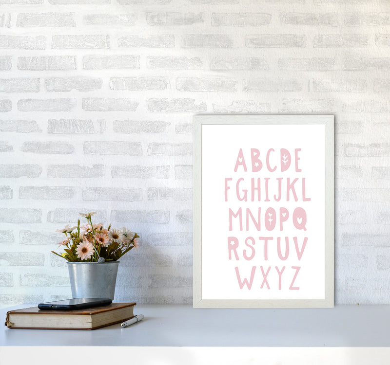 Baby Pink Alphabet Framed Nursey Wall Art Print A3 Oak Frame