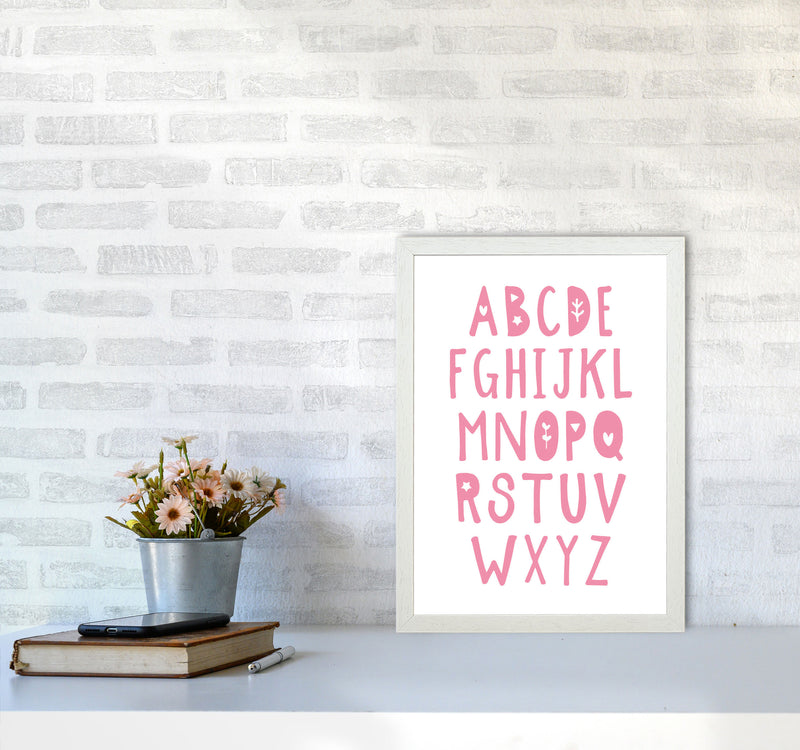 Bright Pink Alphabet Framed Nursey Wall Art Print A3 Oak Frame