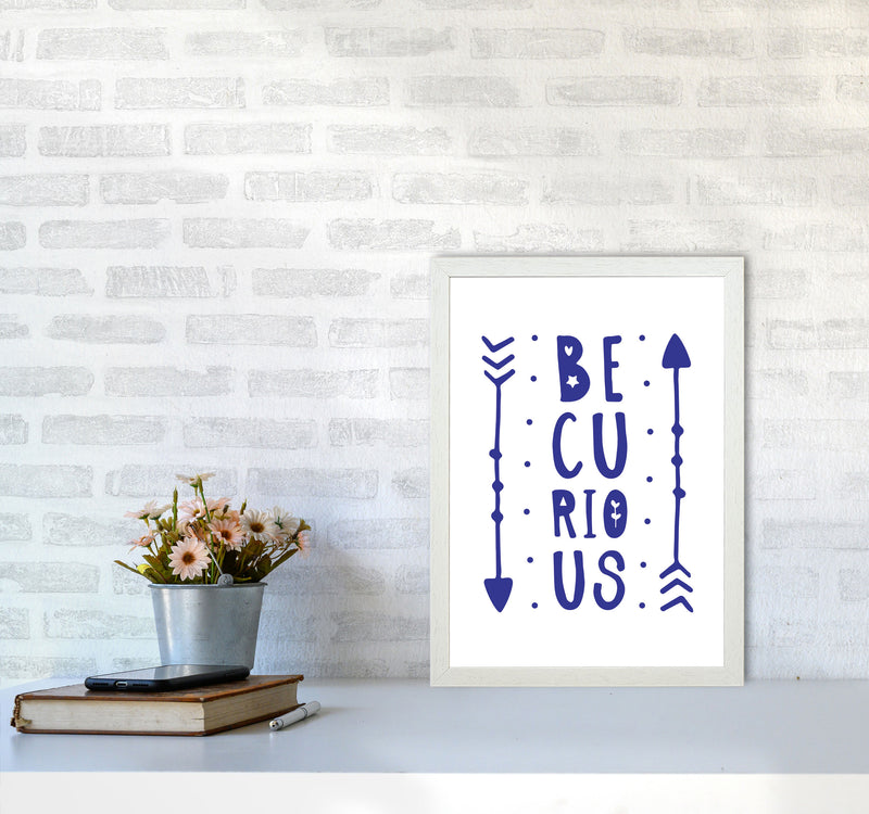 Be Curious Navy Framed Typography Wall Art Print A3 Oak Frame