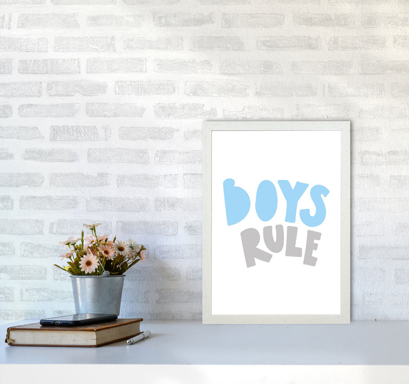 Boys Rule Grey And Light Blue Framed Typography Wall Art Print A3 Oak Frame