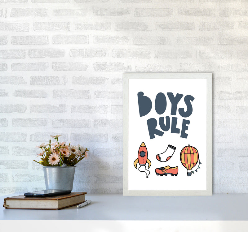 Boys Rule Illustrations Framed Nursey Wall Art Print A3 Oak Frame