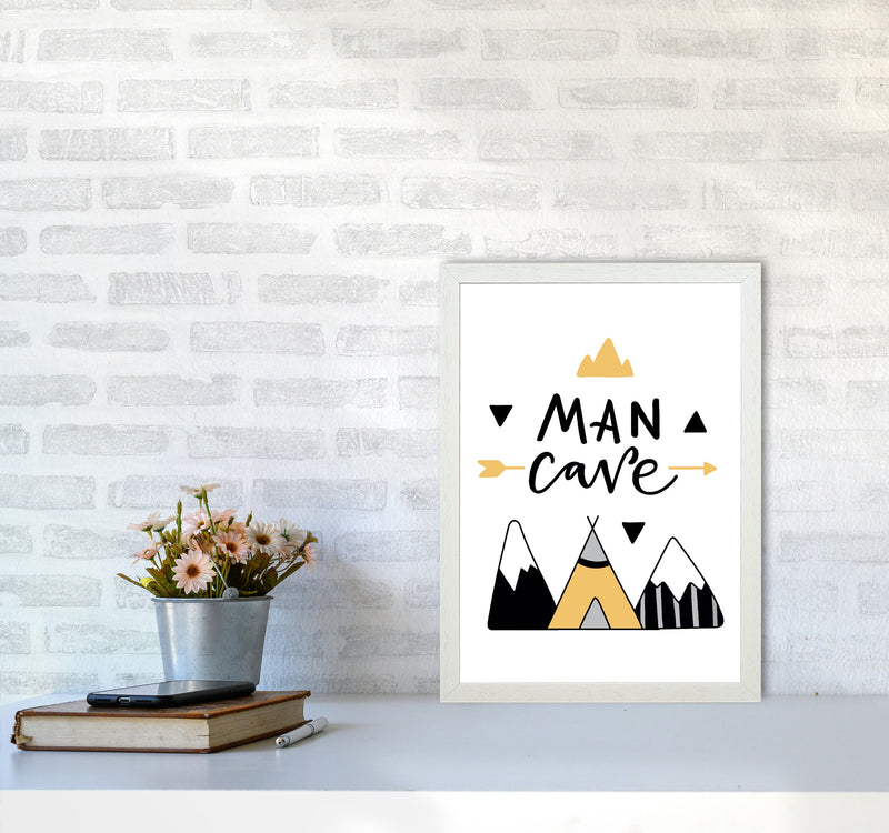 Man Cave Mountains Mustard And Black Framed Typography Wall Art Print A3 Oak Frame