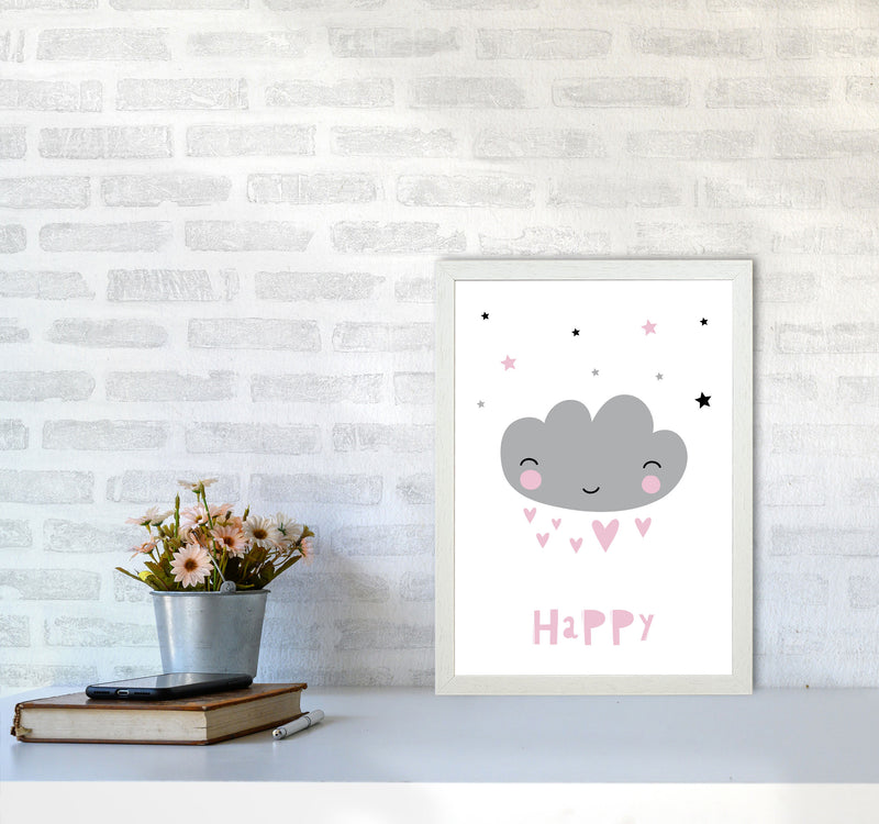 Happy Cloud Framed Nursey Wall Art Print A3 Oak Frame