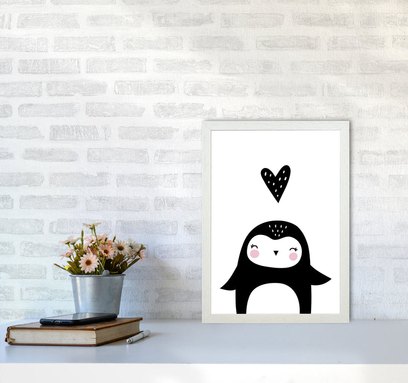 Penguin And Heart Modern Print Animal Art Print A3 Oak Frame
