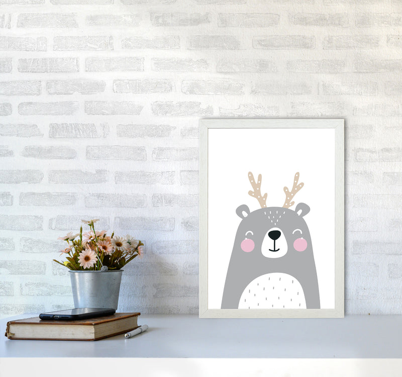 Grey Bear With Antlers Modern Print Animal Art Print A3 Oak Frame