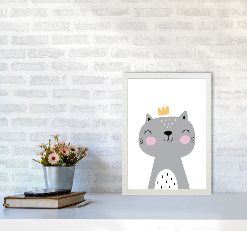 Grey Scandi Cat With Crown Modern Print Animal Art Print A3 Oak Frame