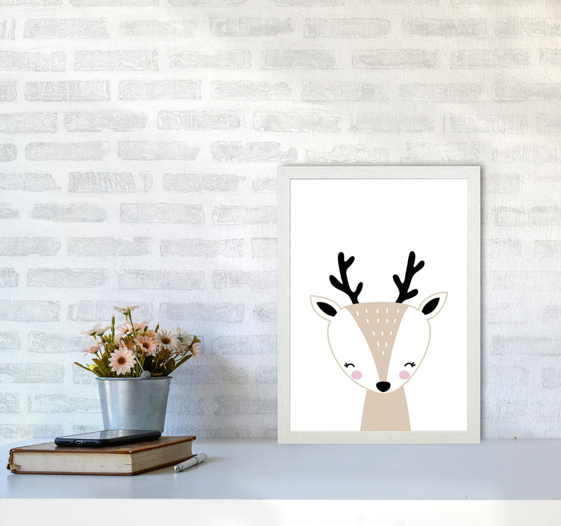 Scandi Beige Deer Framed Nursey Wall Art Print A3 Oak Frame